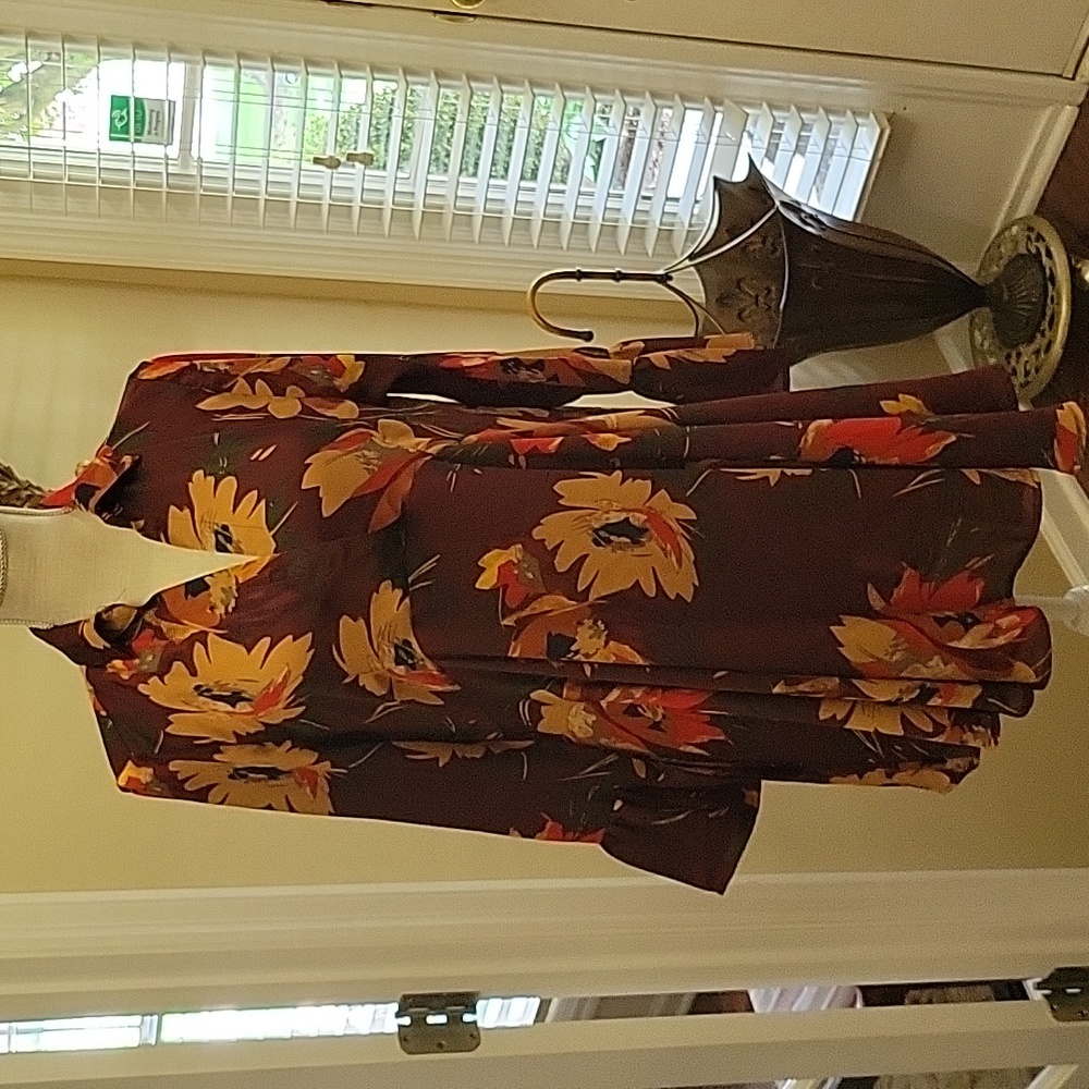 UMGEE wine gold orange teal floral dress long statement sleeve Vneck Medium EUC…
